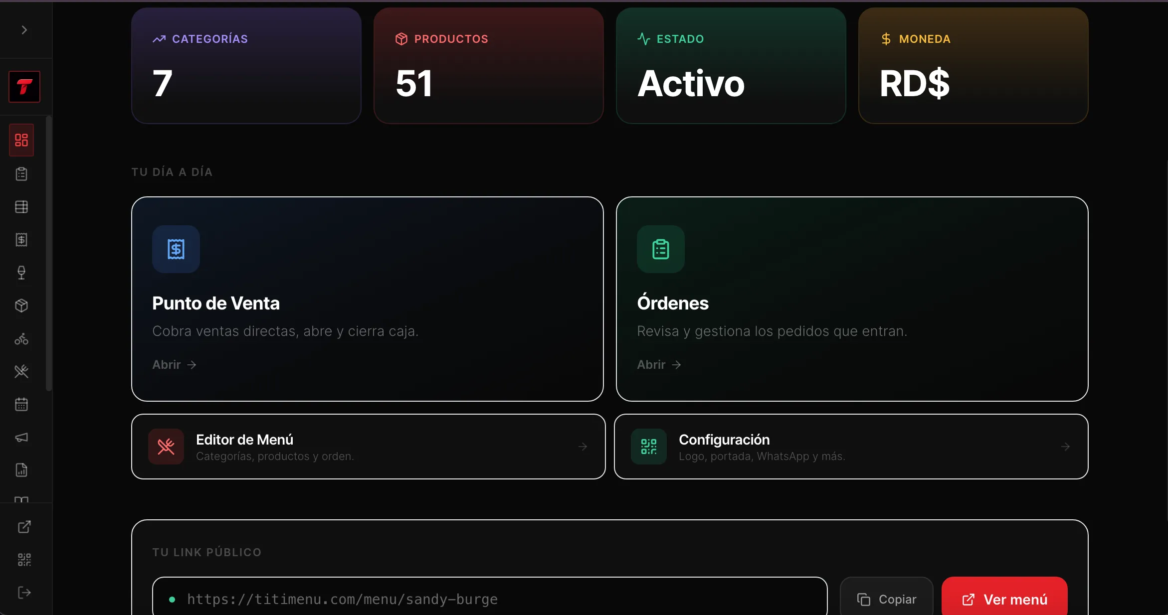 Panel de control de TitiMenu en tiempo real
